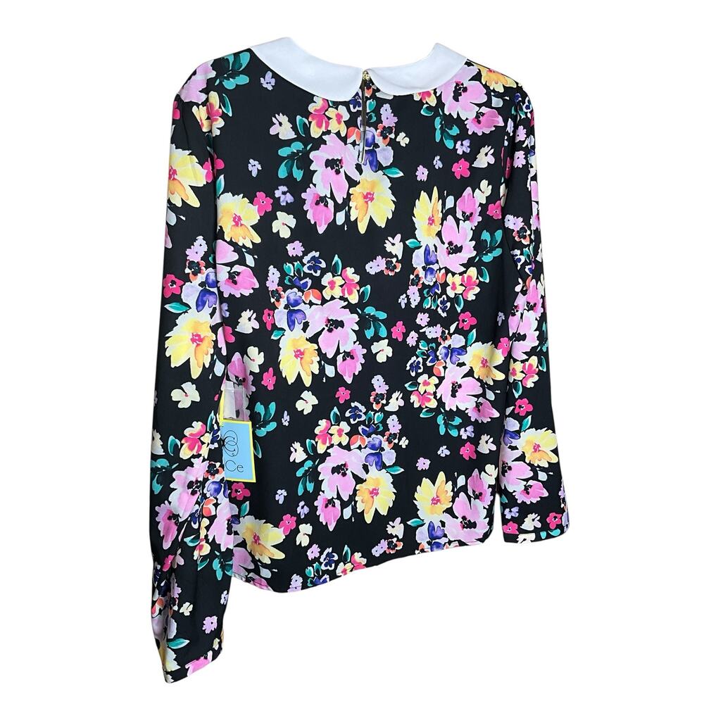 Cece Peter Pan Collar Top Women Large Multicolor Floral Print Casual Long Sleeve - Picture 2 of 4